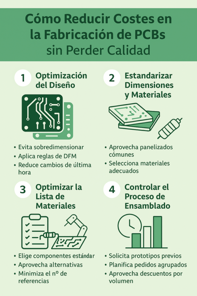 Esquema resumen de los pasos para optimizar los costes de diseño de pcbs