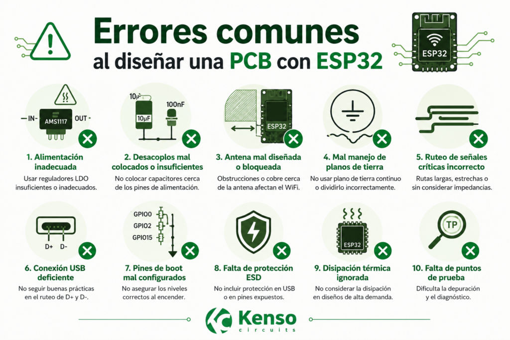 Resumen visual de errores comunes al diseñar una PCB con ESP32