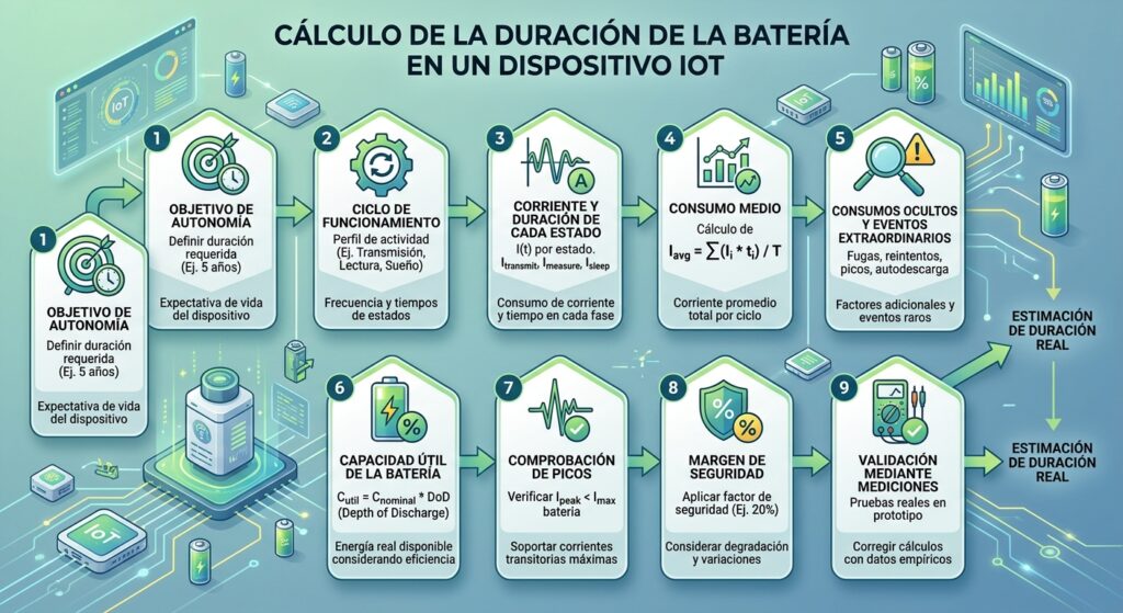 Esquema resumen Cómo calcular la autonomía real de un dispositivo IoT alimentado por batería