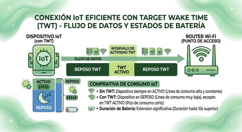 Imagen de cabecera para articulo ¿Qué es Target Wake Time (TWT) y cómo reduce el consumo energético en dispositivos IoT?