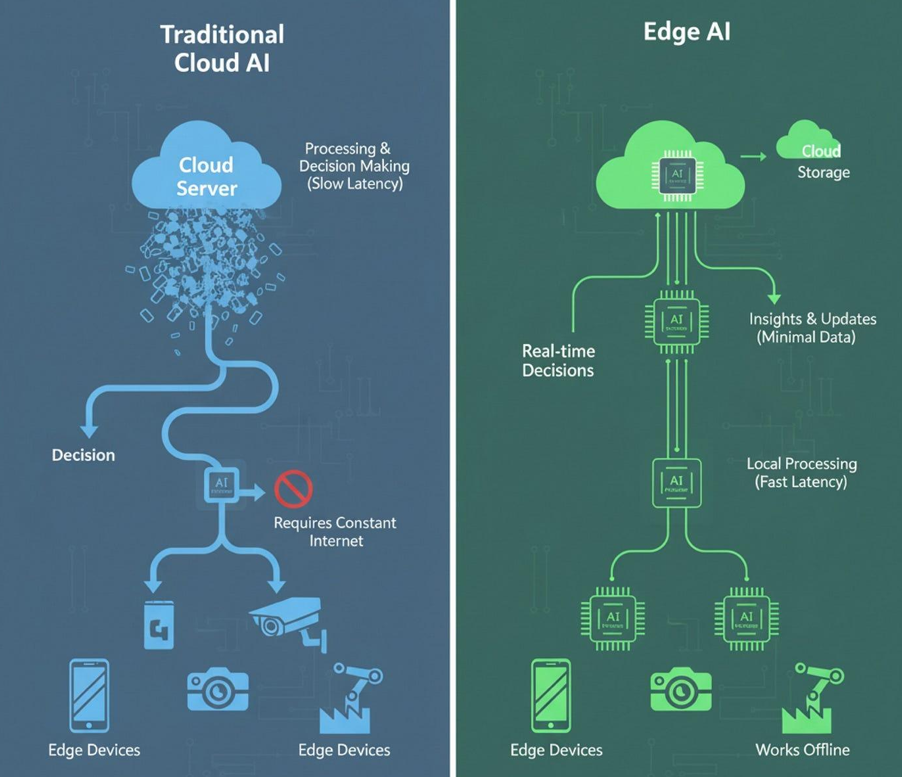 comparativa_EDGE_AI_vs_AItradicional Imagen comparativa entre Edge AI y la inteligencia artificial tradicional