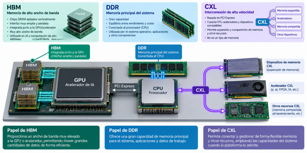 Diferencias entre HBM, DDR y CXL en una arquitectura de memoria para inteligencia artificial: HBM junto a la GPU, DDR como memoria principal conectada a la CPU y CXL como interconexión para acceder a recursos de memoria y otros dispositivos compatibles