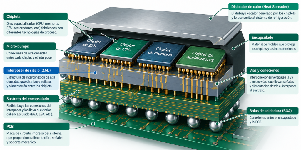 Representación conceptual de varios chiplets conectados mediante un interposer y un sustrato de encapsulado, con conexiones hacia la PCB principal.