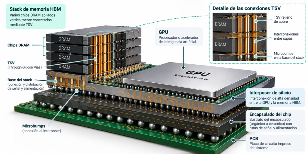 Arquitectura de memoria HBM con chips DRAM apilados verticalmente, conexiones TSV, microbumps, interposer de silicio y GPU integrados en un encapsulado sobre una PCB.