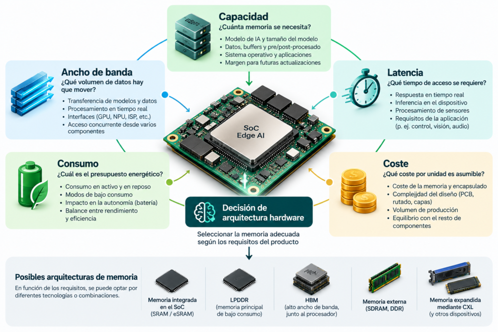 Factores para seleccionar la memoria antes de diseñar una PCB para Edge AI: capacidad, ancho de banda, latencia, consumo energético y coste.