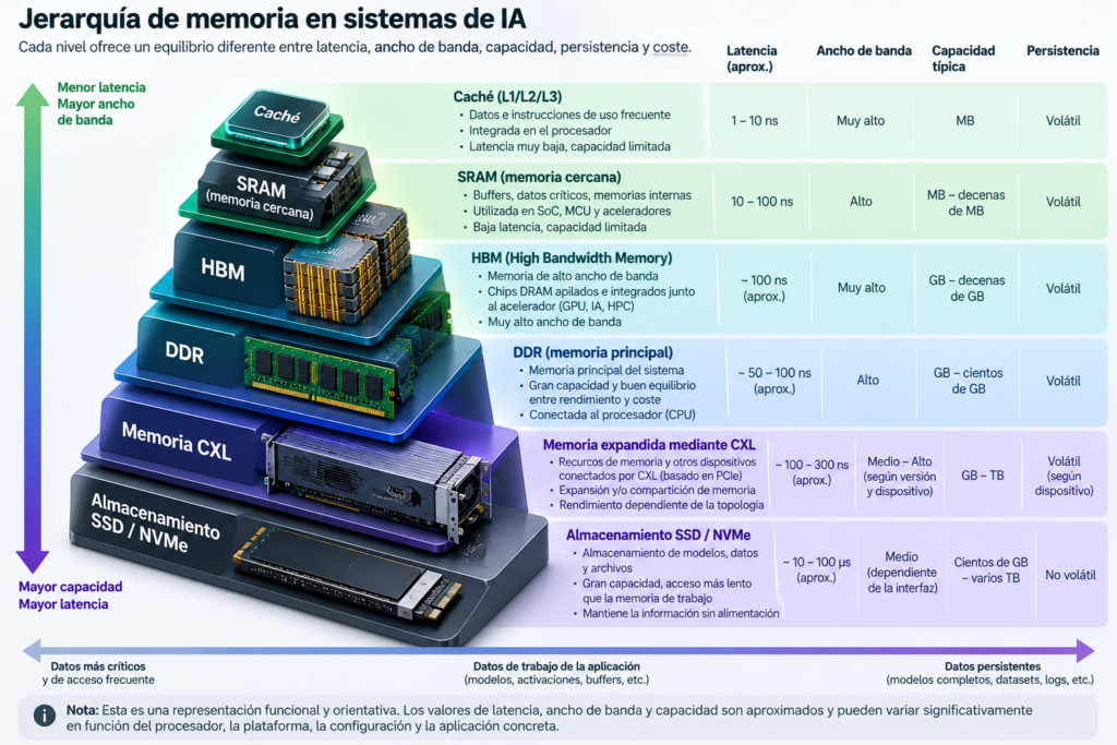 erarquía conceptual de memoria en sistemas de inteligencia artificial, desde caché y SRAM hasta HBM, DDR, memoria expandida mediante CXL y almacenamiento SSD/NVMe.