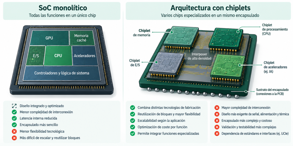 Comparación entre un circuito integrado monolítico y un sistema formado por varios chiplets conectados dentro de un encapsulado común.