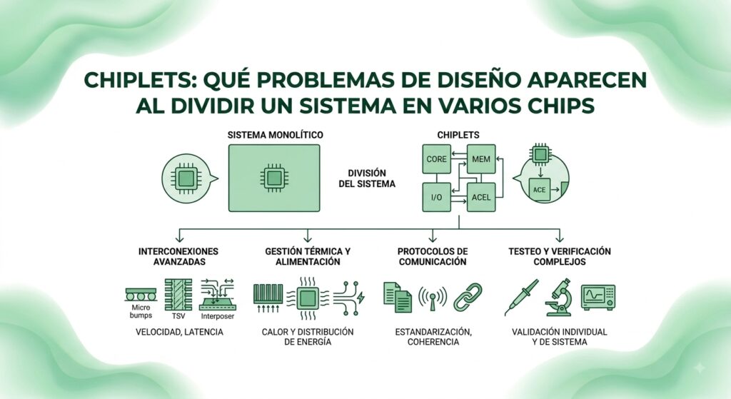 Imagen de cabecera para articulo Chiplets: qué problemas de diseño aparecen al dividir un sistema en varios chips.